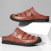 Menico Men Retro PU Leather Hollow Soft Soled Outdoor Sandals Hand Sewn Slippers