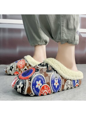 Men Waterproof Warm Lining Plant Pattern Slip  On Home Winter Slippers