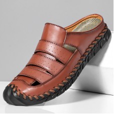 Menico Men Retro PU Leather Hollow Soft Soled Outdoor Sandals Hand Sewn Slippers