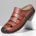 Menico Men Retro PU Leather Hollow Soft Soled Outdoor Sandals Hand Sewn Slippers